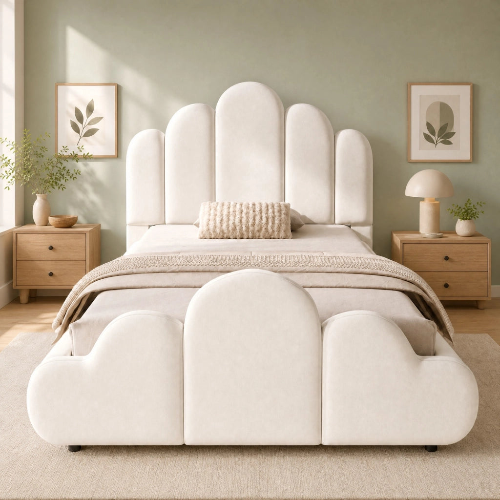 LETTO Singolo 90x200 cm in Velluto Beige con Testiera Imbottita