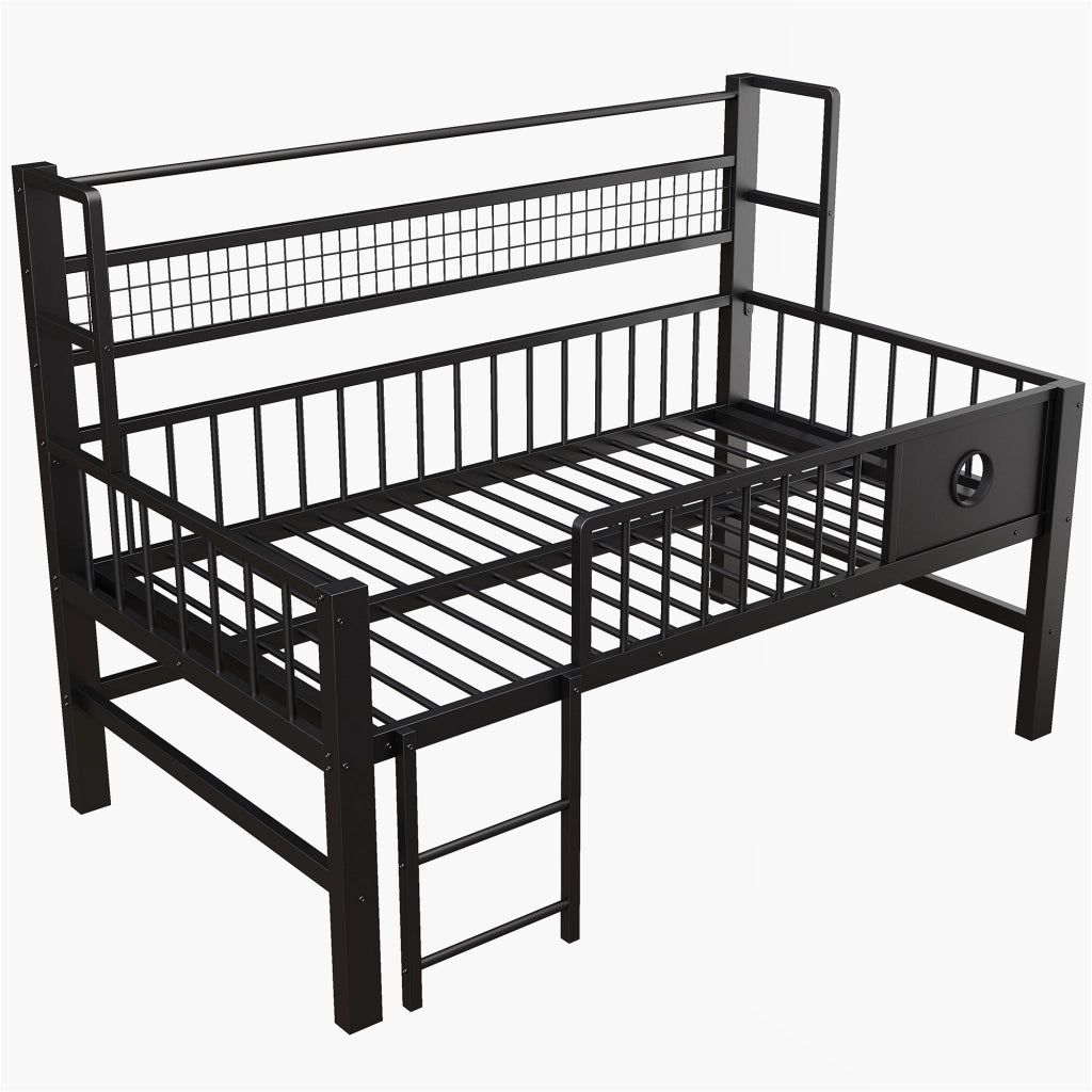 Letto a soppalco basso per bambini 90 × 200 cm con sbarre di sicurezza, ripiano e asta appendiabiti, senza materasso, nero