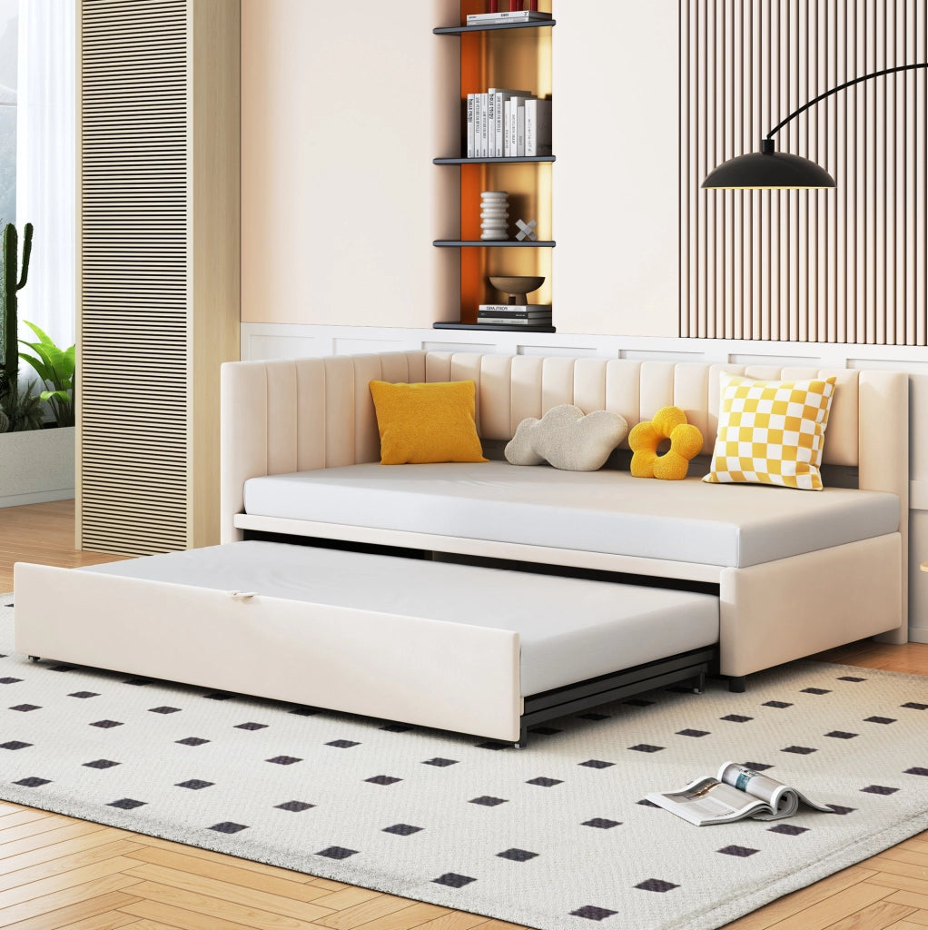 Divano letto angolare multifunzionale 90x200 cm con letto estraibile; in velluto beige