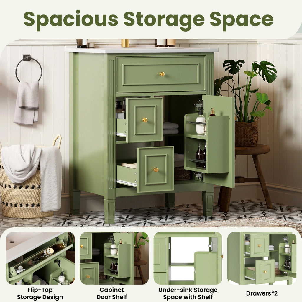 Mobile bagno a terra 61 cm verde lucido con lavabo in ceramica e cassetti