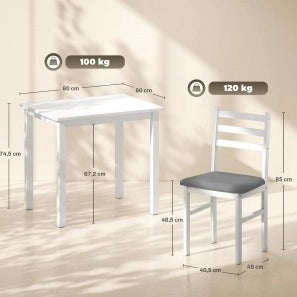 Set da pranzo bianco salvaspazio con tavolo e 2 sedie imbottite