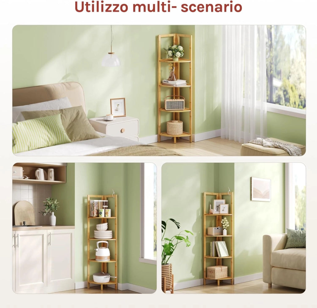 Mobiletto Bagno in Bambù a 4 Livelli, Scaffale Angolare Pieghevole, per Bagno, Cucina, Soggiorno, Bambù Naturale, 27x27x120 cm