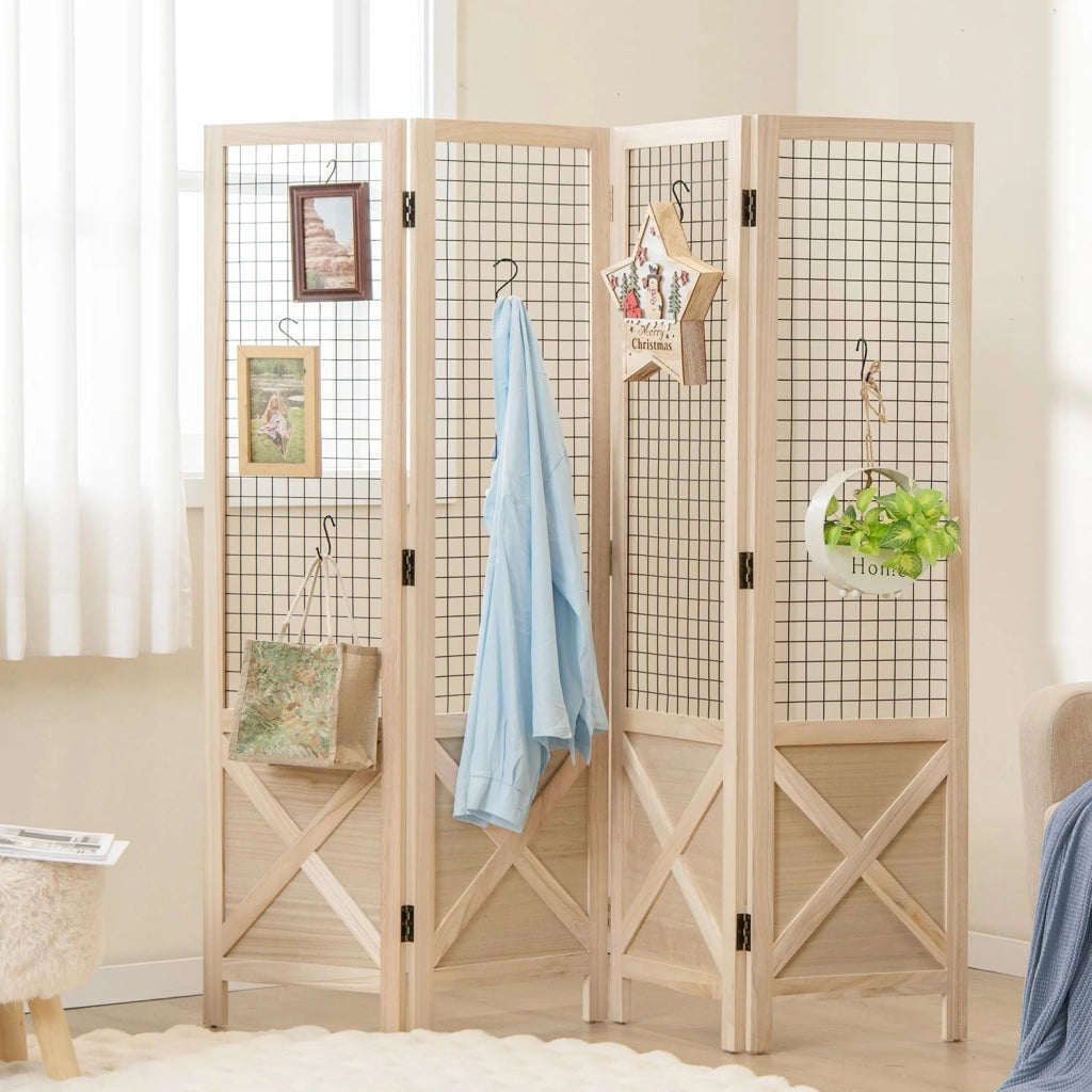 Paravento pieghevole a 4 pannelli con griglia, separatore di privacy, 151 x 144 cm, legno di Paulownia naturale, divisorio per camera da letto, soggiorno, non richiede assemblaggio