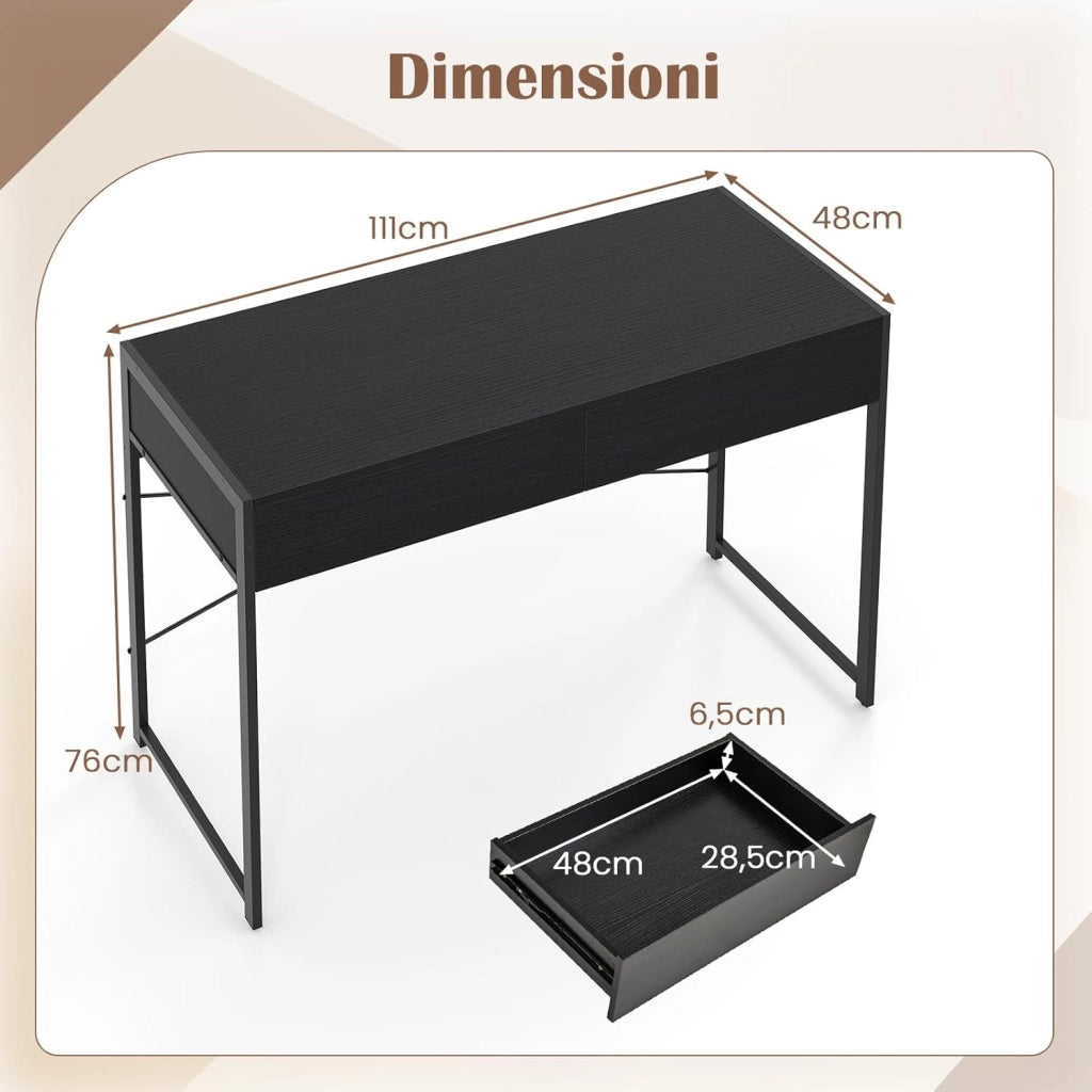 Scrivania per Computer con 2 Cassetti, Scrivania Porta PC con Telaio in Metallo e Legno, Posizione da Lavoro per Studio e Ufficio, Portata 100 kg, 112 x 48 x 76 cm (Nero)