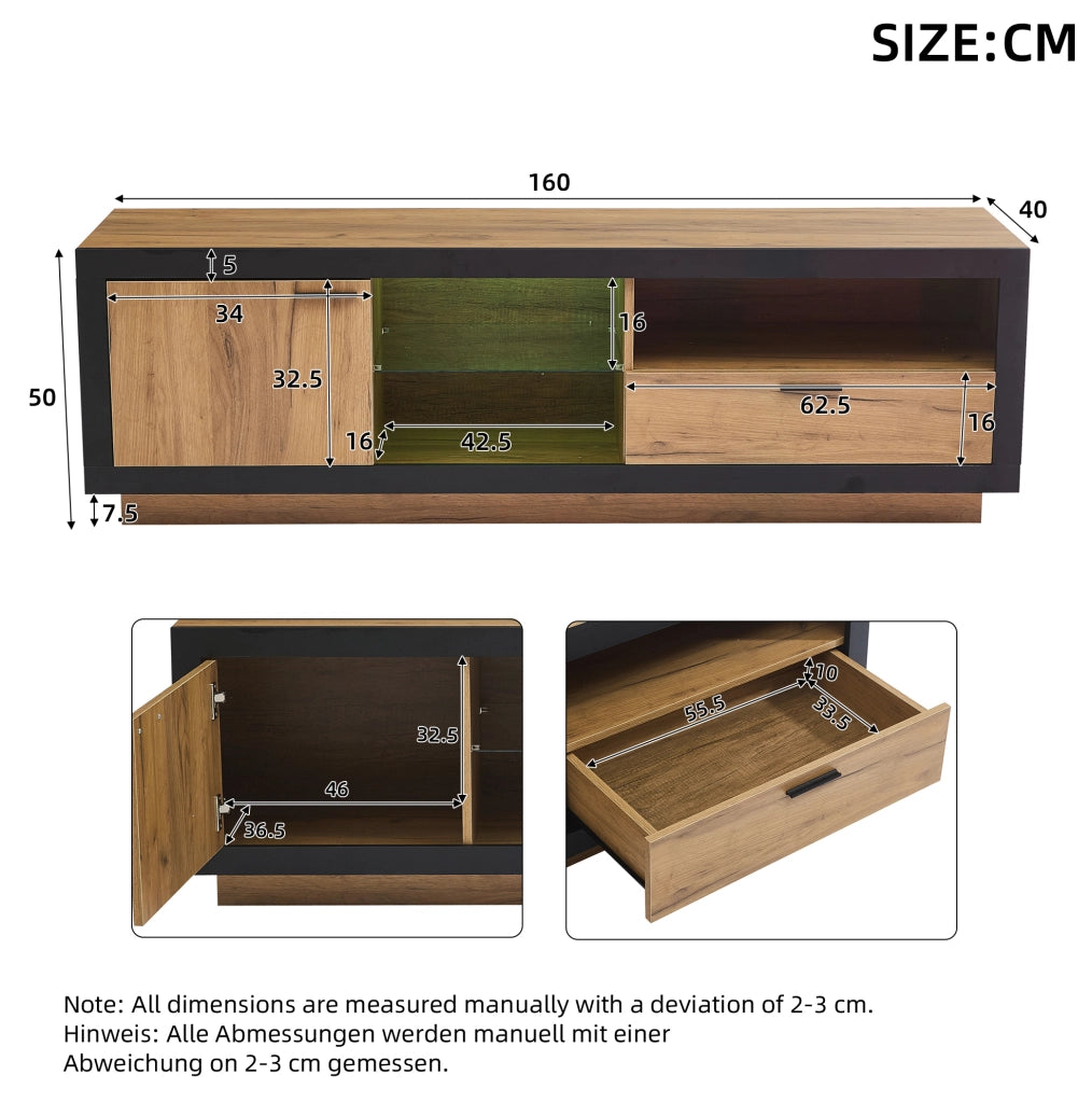 Mobile TV 160 cm nero e rovere con LED, vano portaoggetti, 2 colli