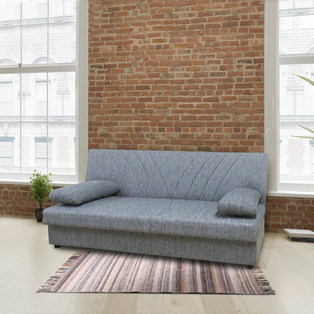 Divano letto Apicella, Divano letto contenitore a 3 posti con 2 cuscini inclusi, SofÒ  da soggiorno in tessuto imbottito con apertura click-clack, Cm 181x81h88, Grigio