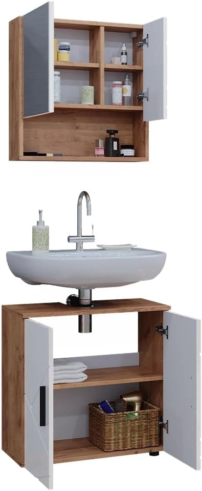 Set di mobili da bagno Irma, Bianco lucido/oro power oak, 80 cm, composto da specchio da bagno e mobile sottolavabo