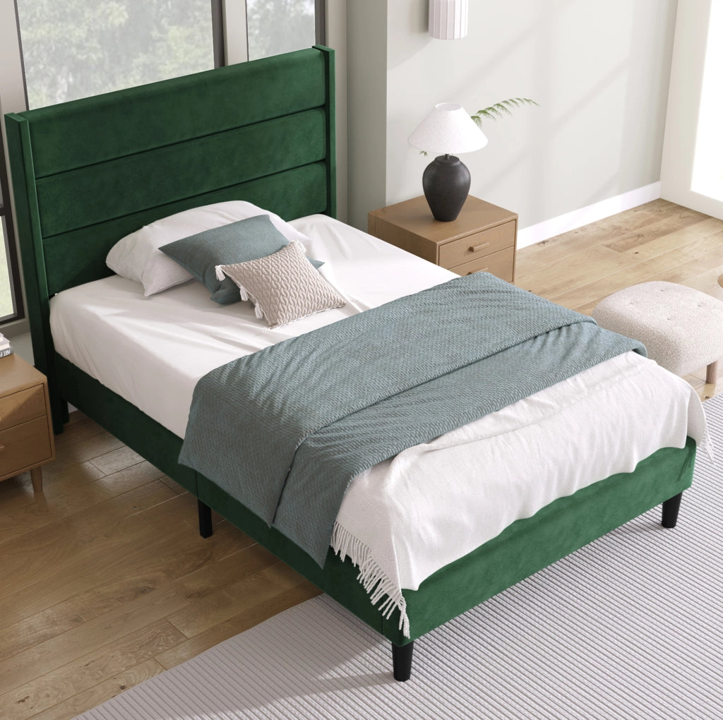 Letto imbottito 90 x 200 cm in velluto verde scuro con rete e testiera