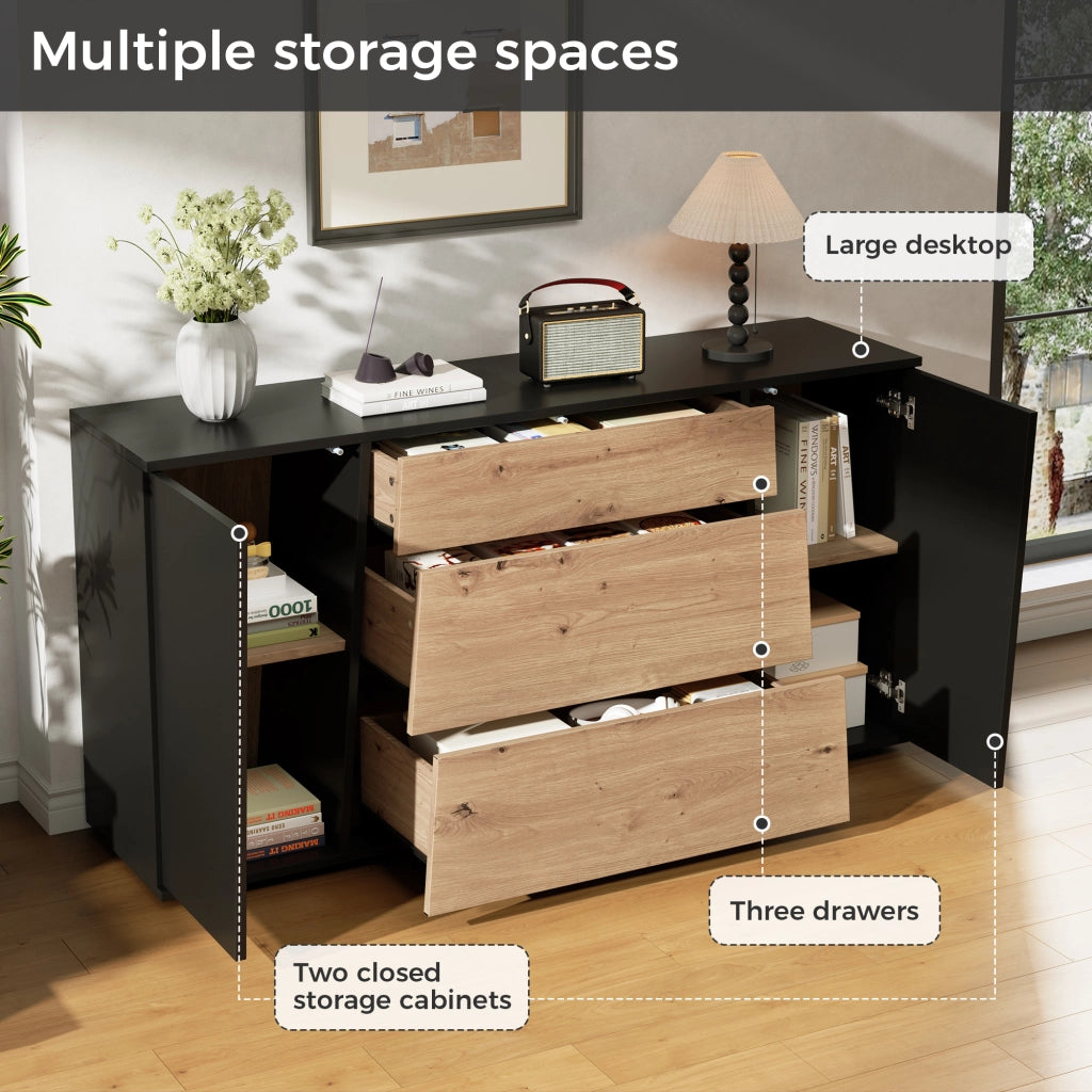 Credenza moderna 140 cm mobile buffet nero e legno con cassetti e ante