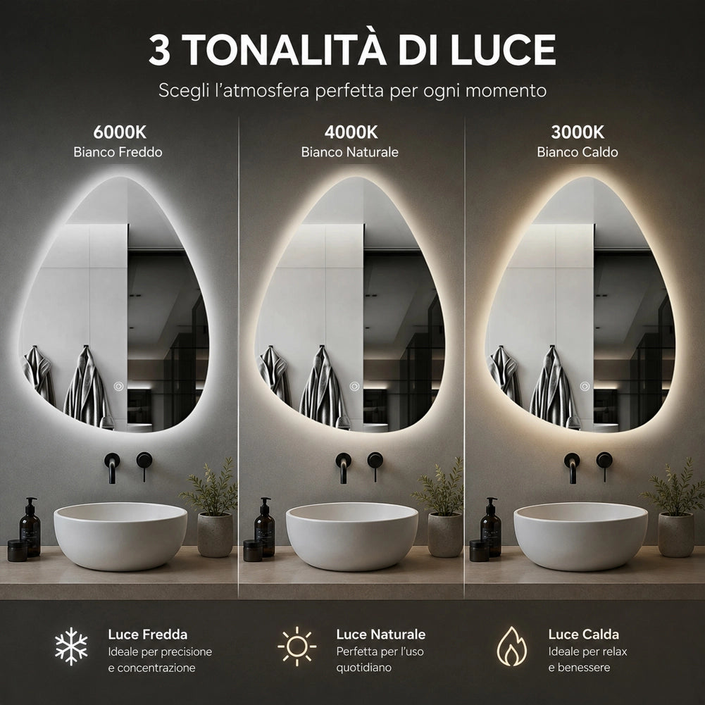 Specchio a Goccia Diametro 60x70 cm Led a 3 Colori Dimmerabile Accensione Touch