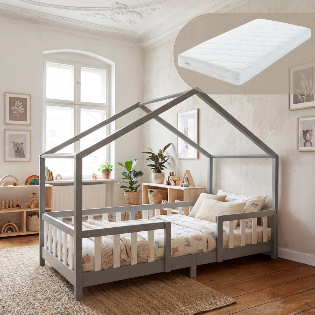 Letto per Cameretta Treviolo a Forma di Casetta in Stile Montessori con Materasso 90x200 cm - Grigio Chiaro/Bianco [en.casa]