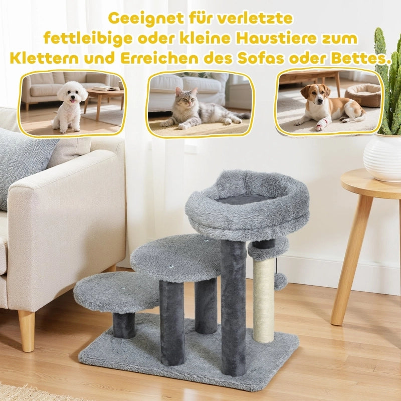 Tiragraffi e scaletta per gatti, base ampia, tessuto felpato, palo in sisal, grigio