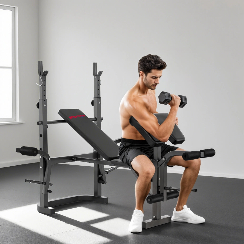 Panca Palestra Multifunzione Regolabile con Rack Bilanciere con Leg Extension Low Row Arm Curl Nero