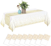 Tappeto da tavola da un tempo, [8 pezzi] Coperture da tavola impermeabili, Tavolo quadrato Copertura da tavola adatta per feste, compleanni dei bambini, matrimoni, Natale, 137 x 274 cm, Bianco e Oro
