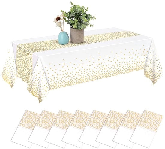 Tappeto da tavola da un tempo, [8 pezzi] Coperture da tavola impermeabili, Tavolo quadrato Copertura da tavola adatta per feste, compleanni dei bambini, matrimoni, Natale, 137 x 274 cm, Bianco e Oro
