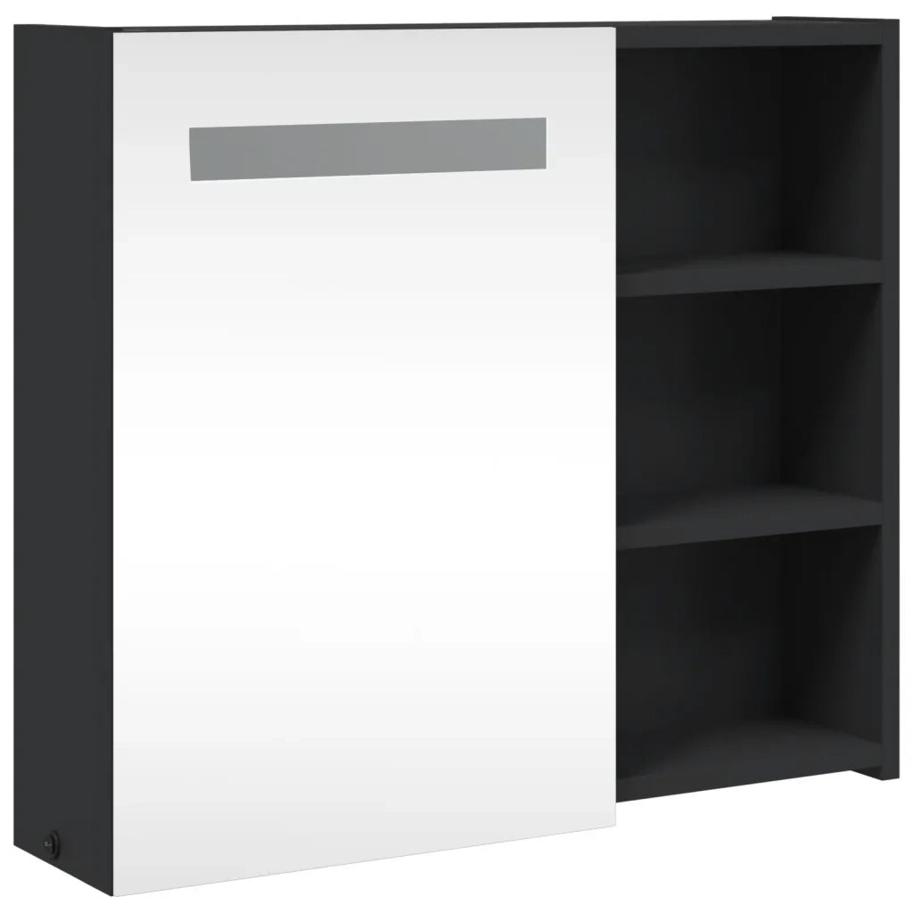 Mobiletto a specchio da bagno a parete con illuminazione a LED 60 x 13 x 52 cm ampio spazio contenitivo design elegante in legno nero 02_0047271