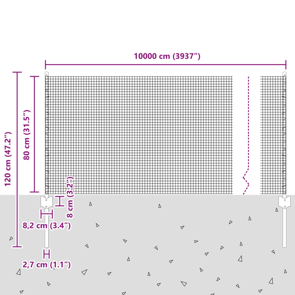 Recinzione in filo saldato con 44 pali a U Argento 0.8x100 m Acciaio