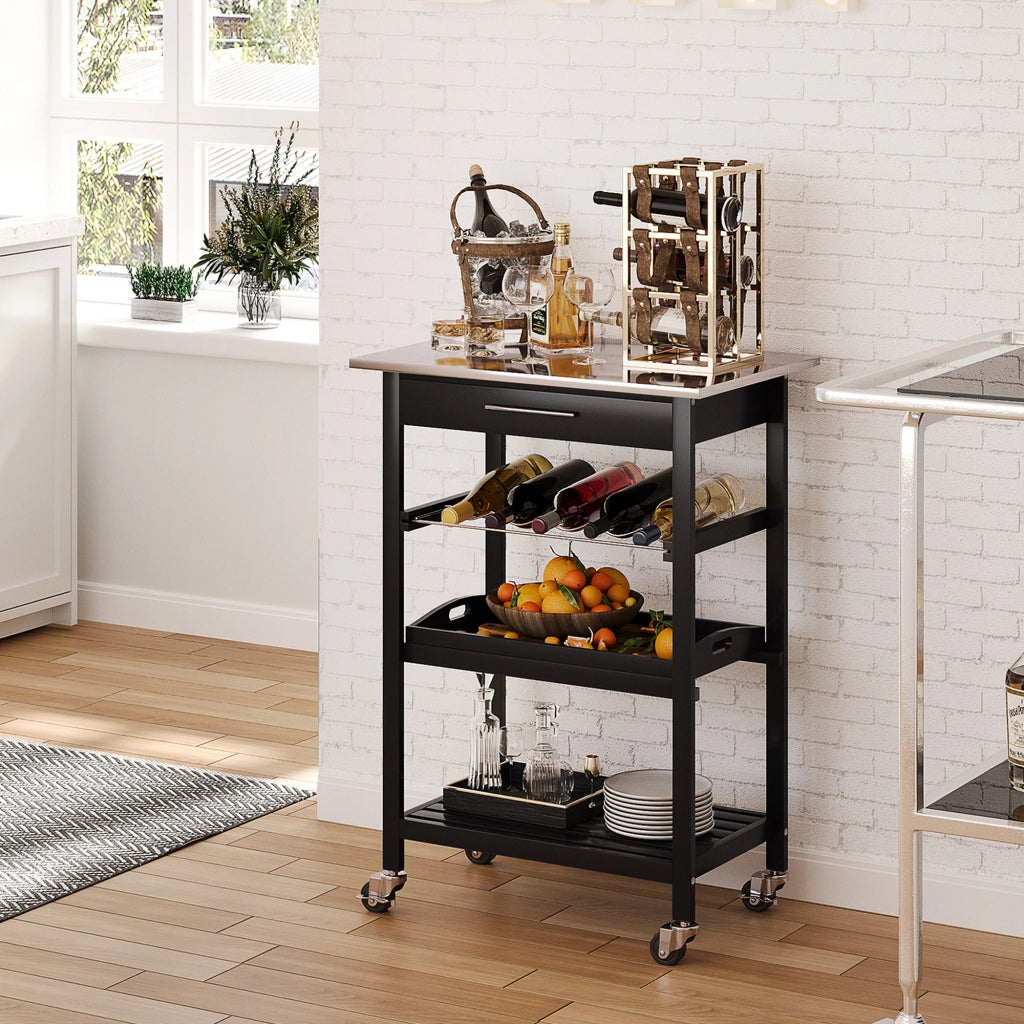 Carrello da Cucina ¨C Xylo ¨C 60x40x85 cm Piano in Acciaio Inox Nero con Ripiani