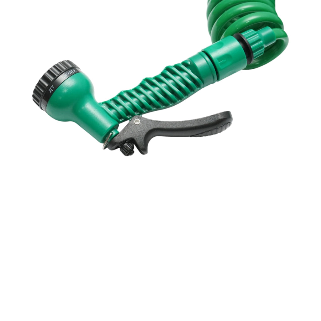 Tubo da giardino spirale estensibile 7.5 m con pistola regolabile a 7 funzioni, adattatore 3/4 e raccordo rapido 1/2
