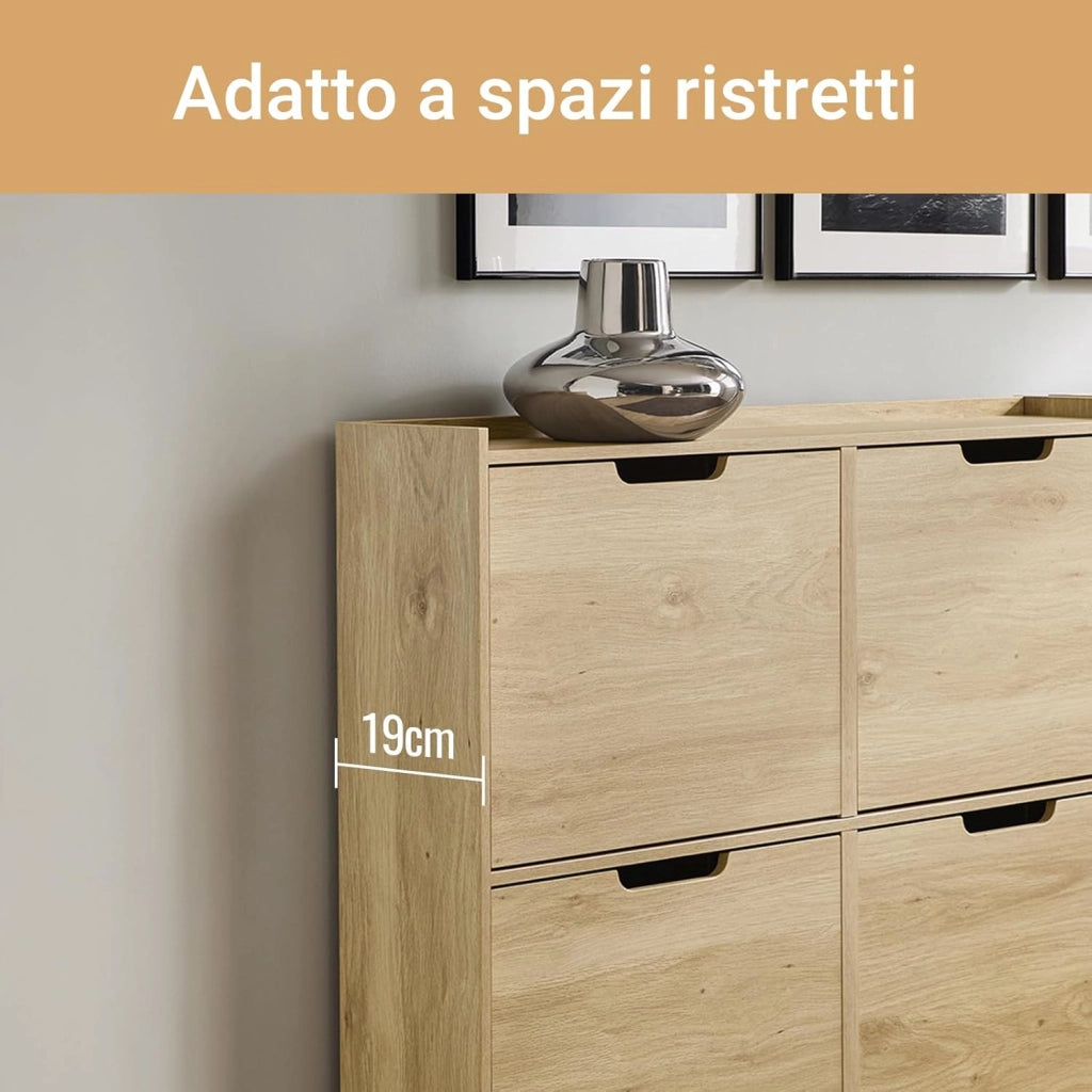 Scarpiera Salvaspazio Slim da Ingresso – Mobile Portascarpe con 4 Ante a Ribalta Regolabili in Legno – Armadio Scarpiera Alta e Stretta per Bagno o Corridoio, 100x19x91 cm，Naturale, FSR100-N