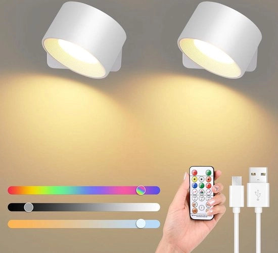 Lampada da parete RGB per interni - 2 pezzi di lampada da parete LED con porta USB e touch-screen - 360 gradi di rotazione - 16 livelli di luminosità - 3 temperature (bianco) lampada da parete ricaricabile