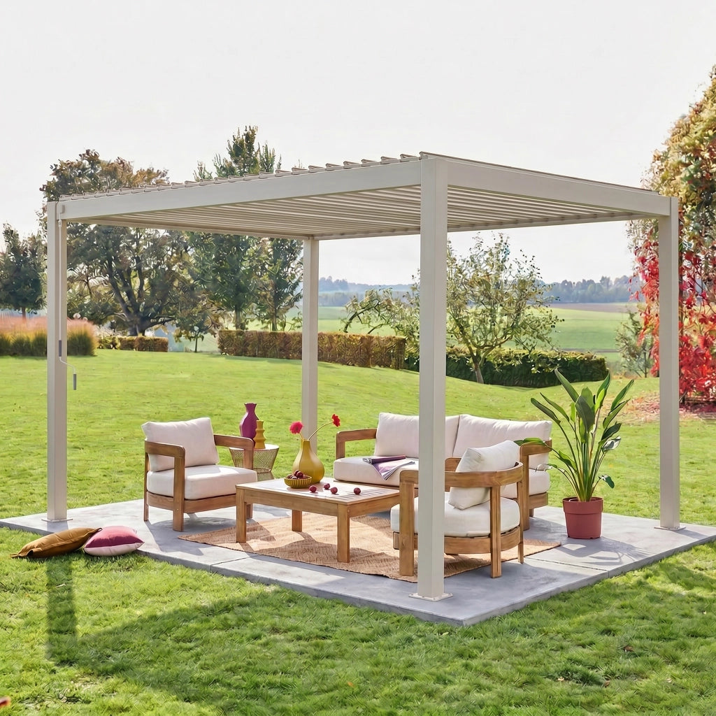 Pergola bioclimatica 3x4m in alluminio, lamelle orientabili, beige