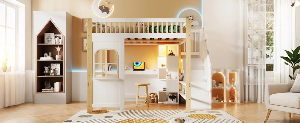 HOCHBETT 140x200 cm con scrivania, LED, scala contenitore, bianco/naturale