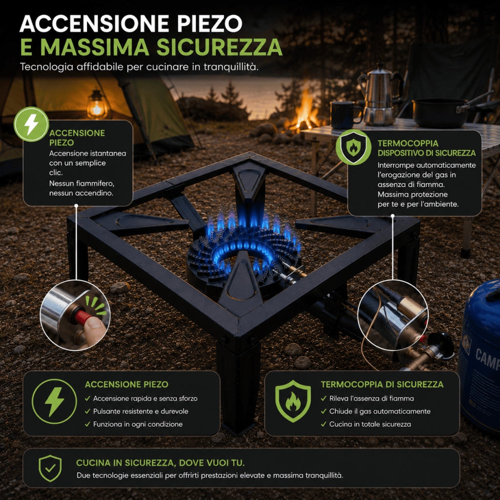 Fornellone a Gas GPL 40x40 cm, 4 Piedi 7,5 kW con Piezo e Termocoppia, Bruciatore Ø170 mm