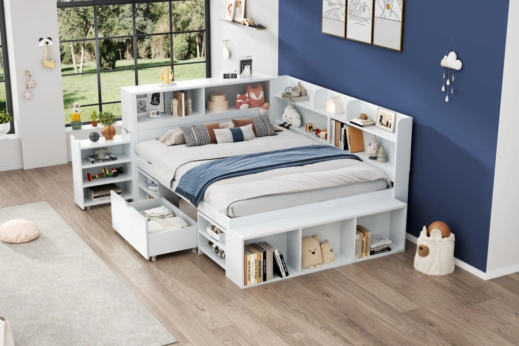 DESMIU Letto per Bambini Letto Singolo 140 × 190 cm con Cassetti e Scaffali, 2 Posti, Senza Materasso, Bianco