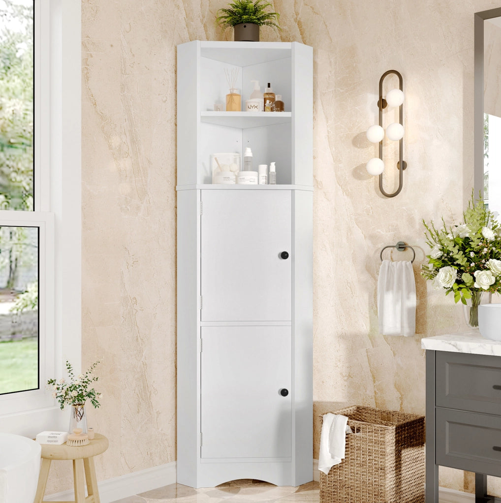 Armadio angolare da bagno triangolare in MDF bianco, 155,4 cm, 2 ante