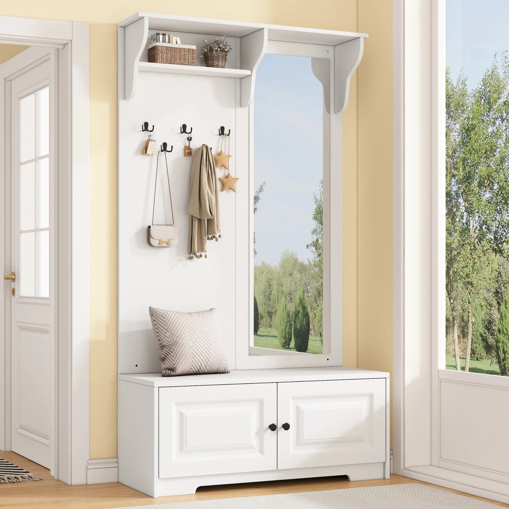 Mobile ingresso con specchio, 5 ganci e 2 vani chiusi, per ingresso, in MDF bianco, 100 × 40 × 180 cm
