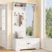 Mobile ingresso con specchio, 5 ganci e 2 vani chiusi, per ingresso, in MDF bianco, 100 × 40 × 180 cm