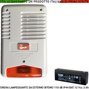 Sirena Allarme Con Lampeggiatore a Led da Esterno Melodia Bitono Frequenza 1724/2475 Hz 110 dB Assorbimento 1,5 Ah Batteria 12 V 2 Ah Selezionata Comando a Caduta +/- Tamper Led Segnale Stato Impianto