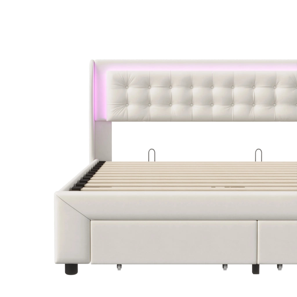 Letto contenitore matrimoniale 140x190 cm con  LED;Sollevamento idraulico e 2 cassetti;Velluto; beige