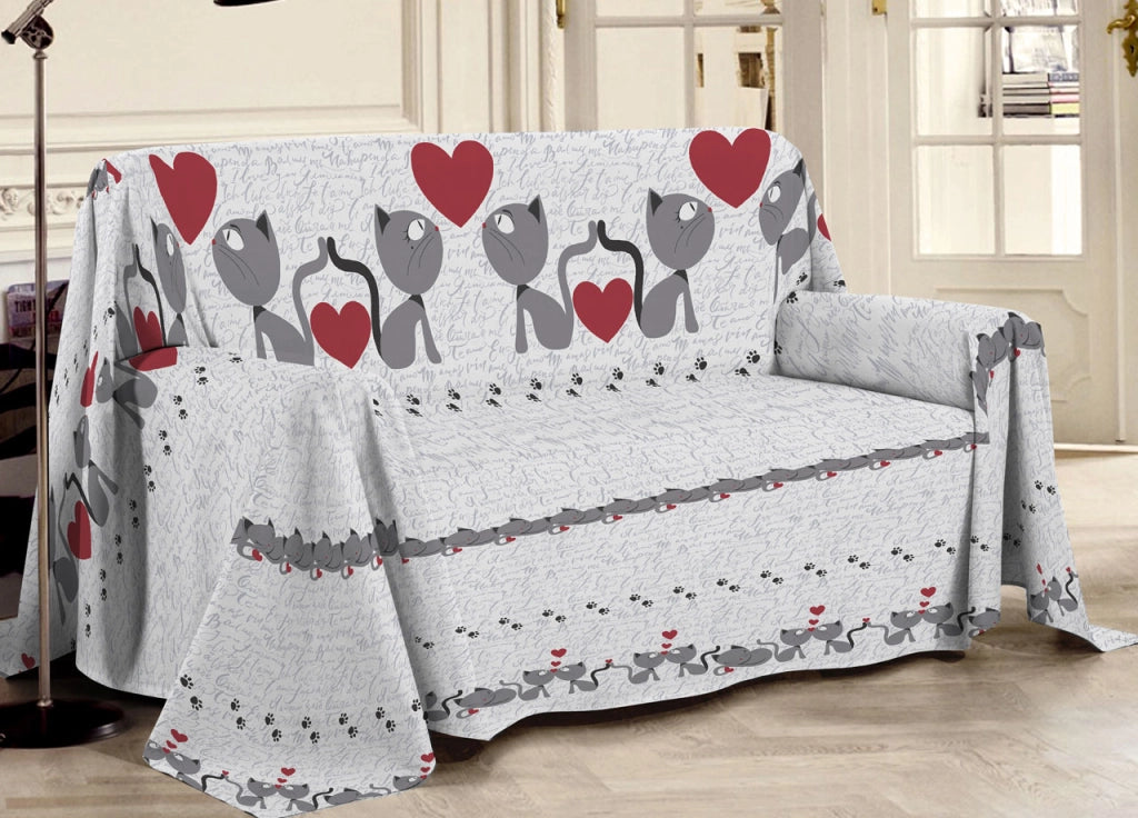 Telo Arredo Multiuso Linea Pensieri Delicati In 100% Cotone Disegno Gattini - Matrimoniale - Grigio