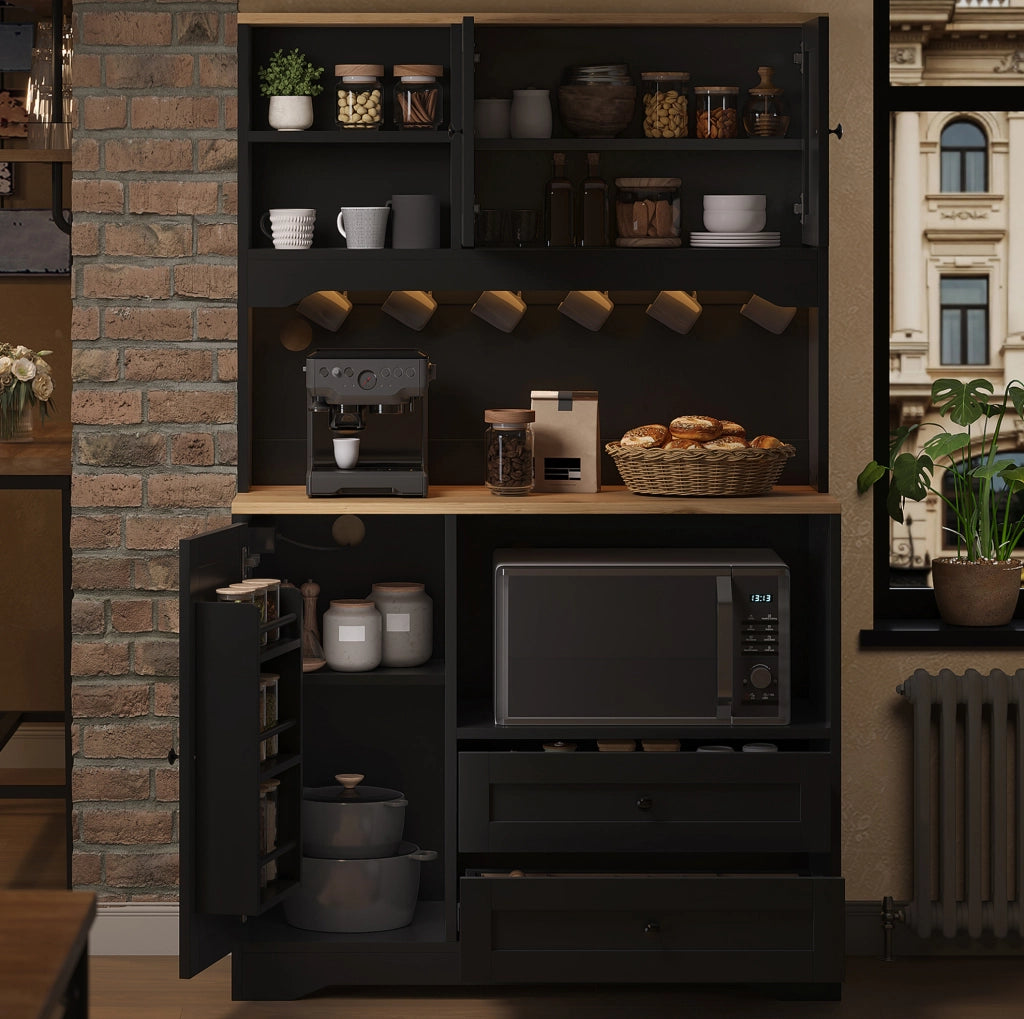 Credenza cucina nera 100×40×163 cm con LED, presa USB e vano microonde