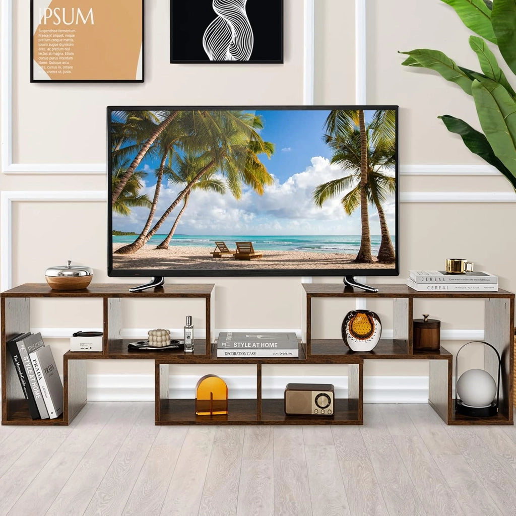 Mobile Porta TV Combinabile con Ripiani Aperti, per TV Fino a 65 Pollici, Mobile TV di Legno per Camera da Letto, Soggiorno, Capacità di Carico Massima 80 kg, 134-180 x 30 x 43 cm (Marrone)