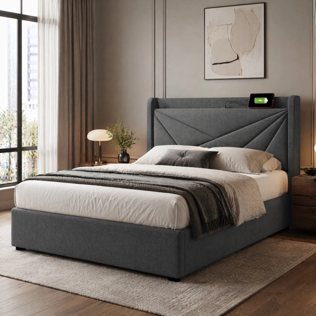 Letto singolo imbottito 90x200 con contenitore, ricarica USB e materasso per camera funzionale