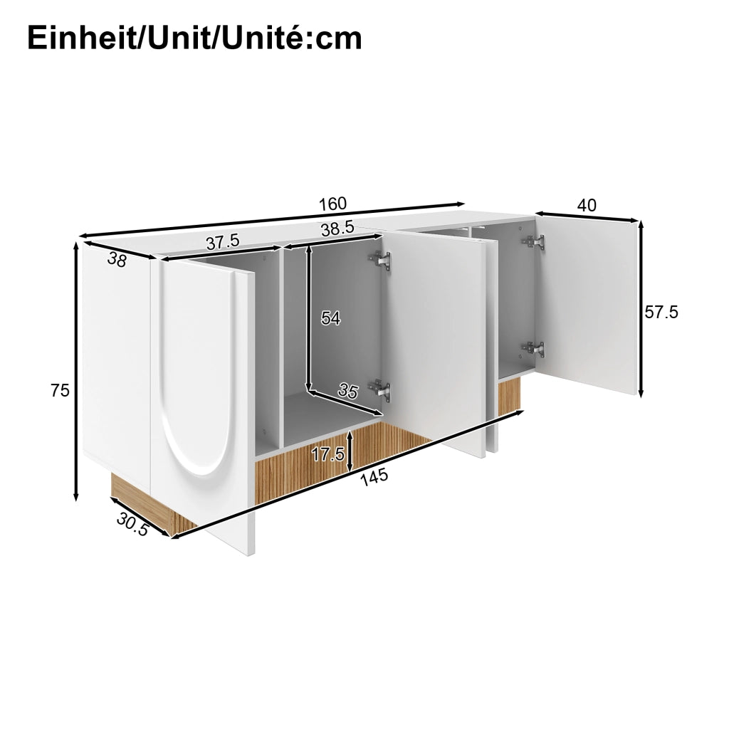 Credenza con 4 Ante; Rilievo a U; 4 Scomparti; Finitura Opaca; Stile Moderno; in Pannello Truciolare; 160??38??75 cm; Bianco Legno