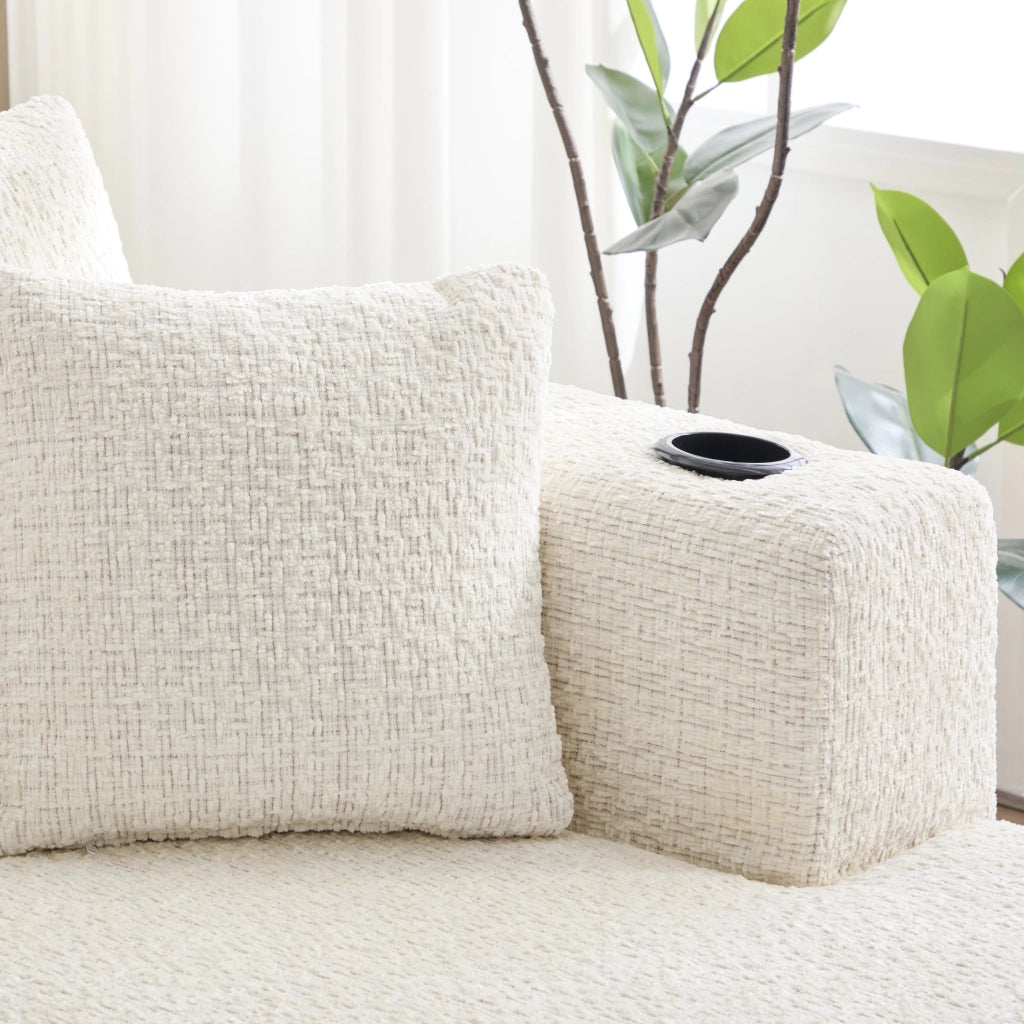 Divano angolare modulare in ciniglia con tasche laterali e seduta ampia, senza montaggio, beige 261 × 165 × 80 cm