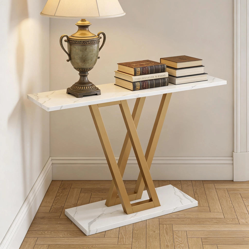 Consolle elegante e minimalista in metallo e legno oro e bianco per ingresso e soggiorno 110 × 30 × 80 cm