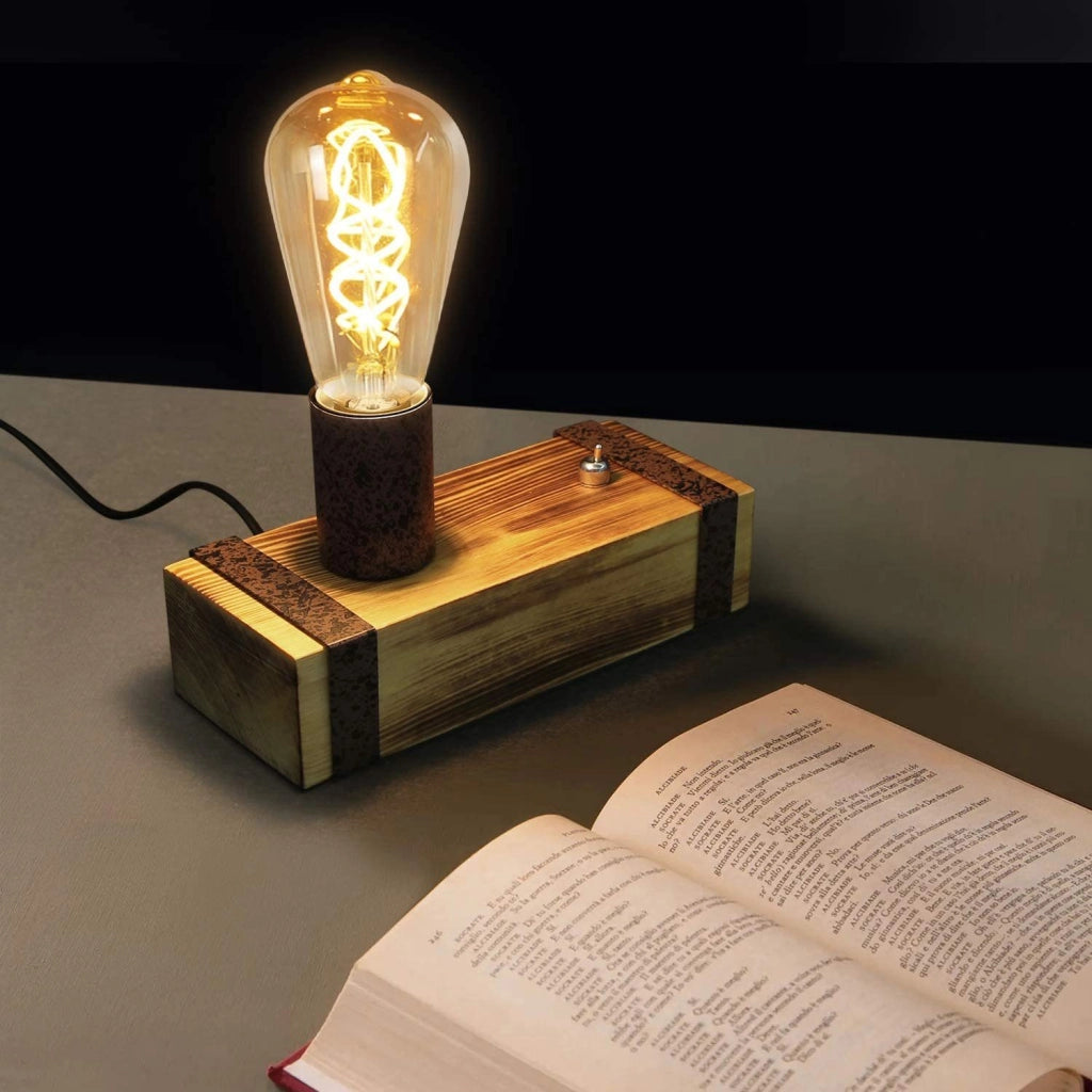ZMH Lampada da tavolo vintage legno E27 industriale camera letto soggiorno ufficio senza lampadina