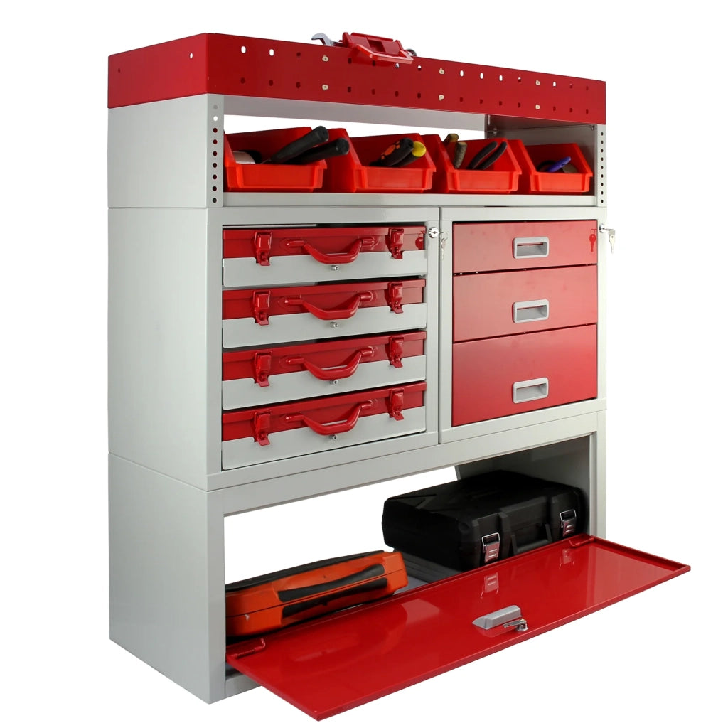 Pacchetto Flame con 1 Scaffale con Cassetti e 2 Scaffali con Mensole per Furgone