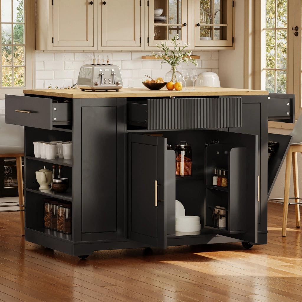 OKWISH Carrello da cucina con 2 ante, 3 cassetti, vano per pattumiera e 5 ruote, per cucina, MDF nero, 120x50x92 cm
