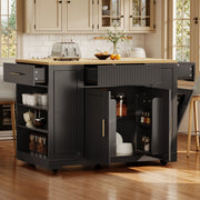 OKWISH Carrello da cucina con 2 ante, 3 cassetti, vano per pattumiera e 5 ruote, per cucina, MDF nero, 120x50x92 cm