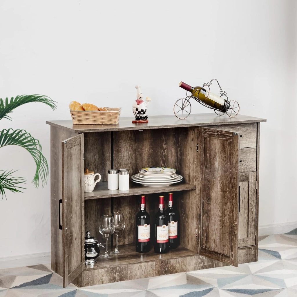 Armadietto Portaoggetti Multifunzione, Credenza da Cucina con 2 Armadi, Ante e 2 Cassetti, Mobile Portaoggetti con Dispositivo Antiribaltamento, Retrò, Grigio, 110 x 40 x 78 cm