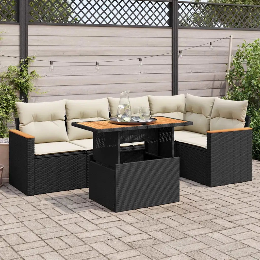 Set Divano da Giardino 6 pz con Cuscini Nero Polyrattan Acacia 3327486