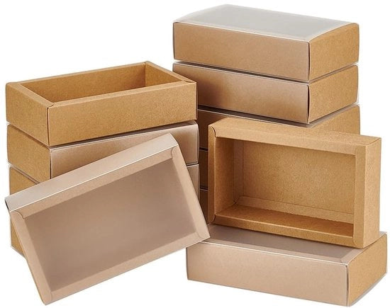 Scatola di regalo da 12 pezzi - Carta di cellulosa - Coperchio trasparente - Forma rettangolare - Dimensioni 17 x 10 x 4 cm - Imballaggio di alta qualità - Colore marrone/nero - Imballaggio da regalo