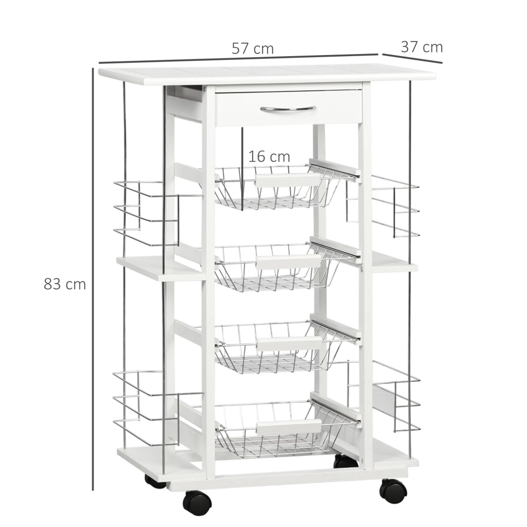 Carrello da cucina con cassetto, cesti e ripiani laterali ¨C zephmum ¨C bianco 57x37x83
