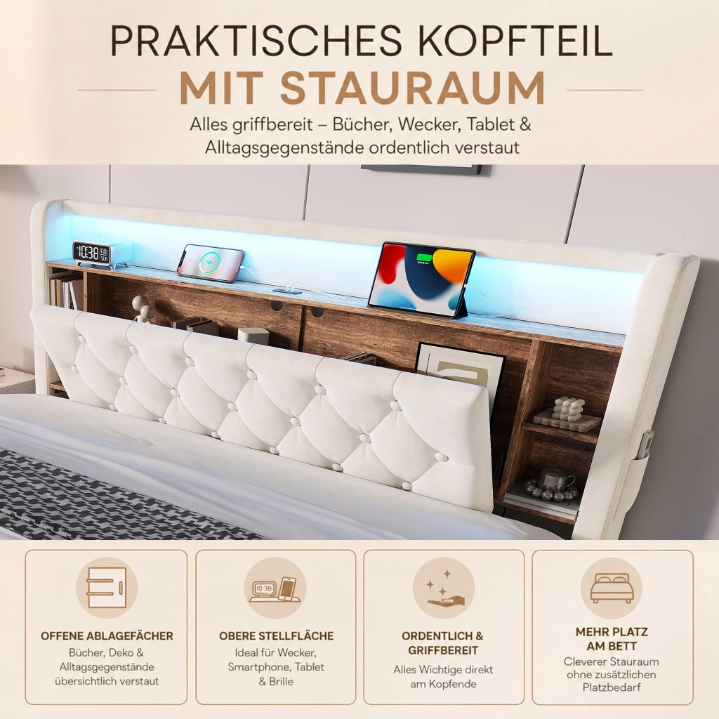 LETTO Contenitore 180x200 cm in velluto Beige con testiera multifunzione